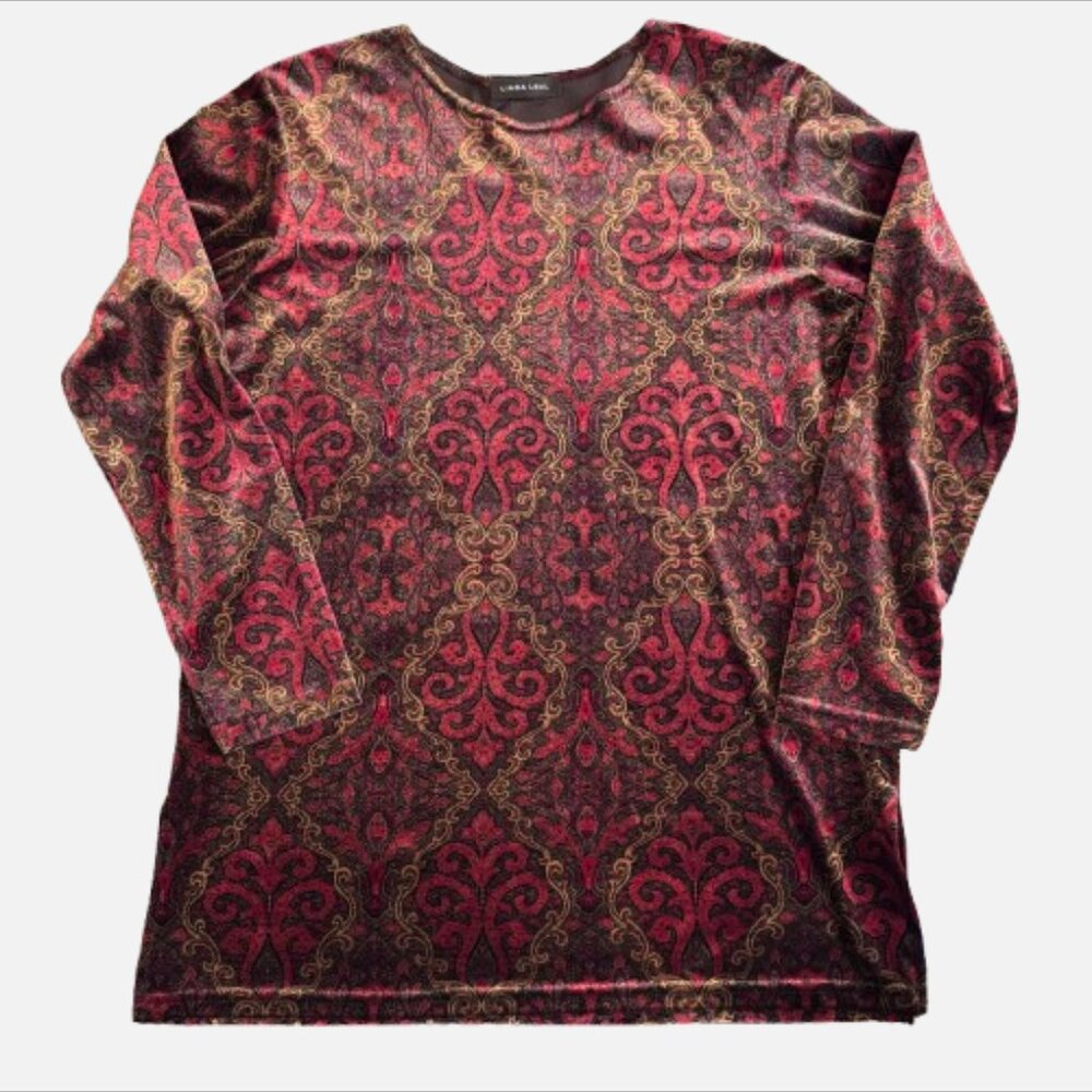 Linda Leal Velvet Tunic Paisley Burgundy Gold Brown Tunic Top  (Size L)